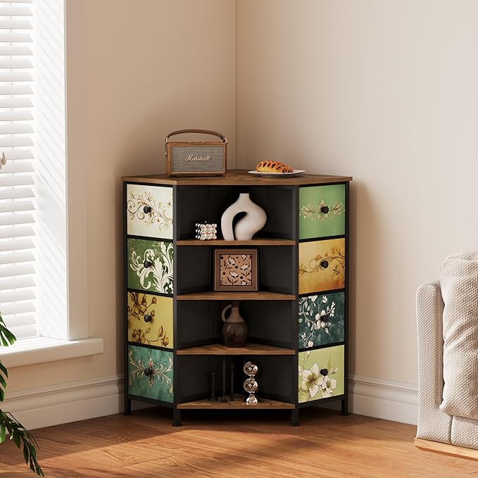 LUMTOK 8 Drawers Corner Dresser with Storage Fabric Drawers and Open Shelves for Small Space，Bedroom，Entryway，Living Room (Retro Pattern)