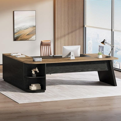 Tribesigns 79-Inch Executive Desk, Large Office Desk with Cabinet, L-Shaped Compter Desk with Storage Shelves, Writing Table for Home Office, Natural Oak and Black