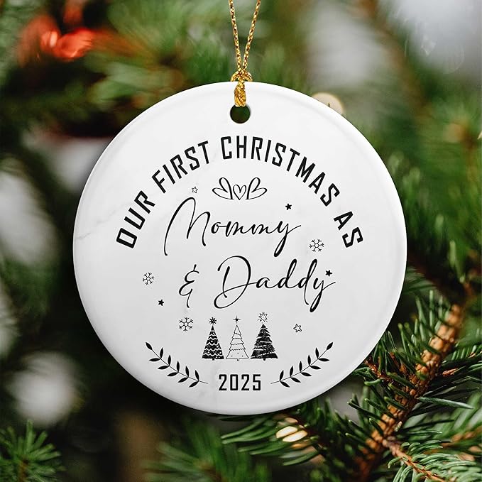 Our First Christmas As Mom & Dad Ornament 2025,Celebrate Baby's First Christmas Ornament,New Parents Promoted to Mommy Daddy Gifts,Family of Three Ornament for Mom Dad Newborn Xmas Gifts Decorations