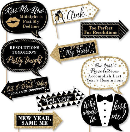 Big Dot of Happiness Funny New Year's Eve Photo Booth Props Kit, 10-Piece, Black & Gold, Cardstock & Wood
