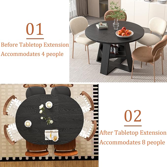 43.3in-59in Extendable Round Dining Table for 4-8,Modern Kitchen Oval Dining Table with Removable Leaves Space Saving,Wood Base with Storage Shelf for Kitchen Living Room (Black)