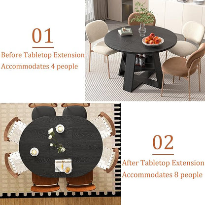 43.3in-59in Extendable Round Dining Table for 4-8,Modern Kitchen Oval Dining Table with Removable Leaves Space Saving,Wood Base with Storage Shelf for Kitchen Living Room (Black)