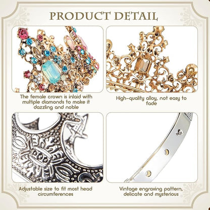 Sureio 2 Pcs King and Queen Crowns Set Antique Baroque Royalty Tiaras Costume Accessories for Halloween Couple Cosplay, Birthday Wedding Prom Party(Noble Style)