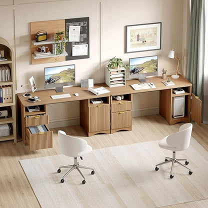 Bestier 59 inch Office Desk with 2 Drawer, Computer Desk with File Cabinet & 2 Open Storage, Modern Fluted Wood Desk for Home Office Bedroom Study, Natual Oak