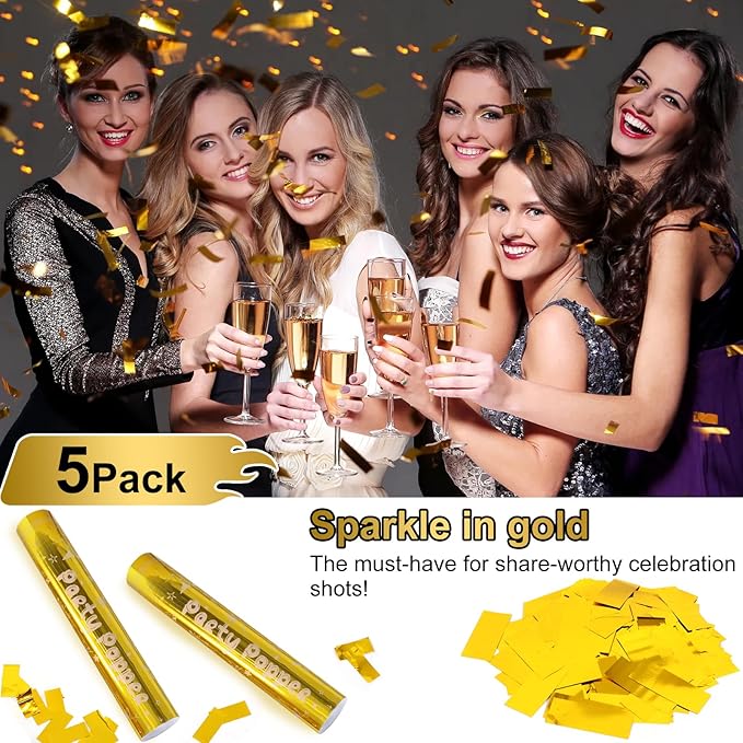 Gold Confetti Cannon Set 12 inch | 5-Pack Party Poppers for Weddings, Anniversary, Graduations, and Joyful Gatherings.