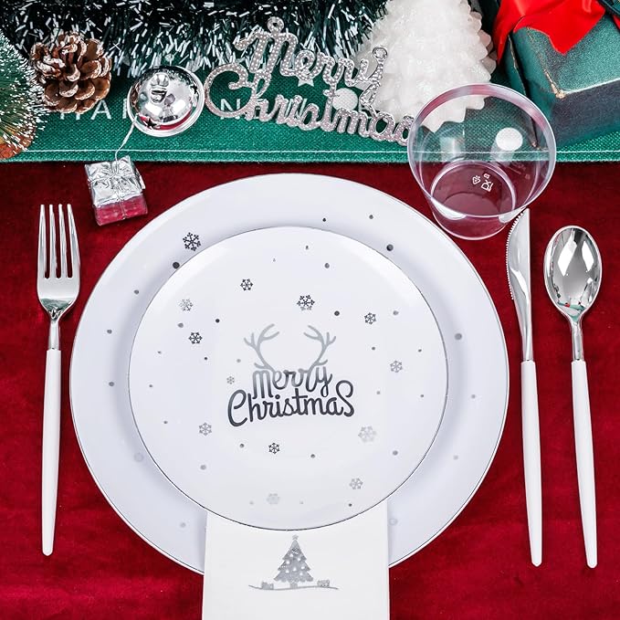 Nervure 175PCS Christmas Plastic Plates - White and Silver Disposable Plates & Silver Plastic Silverware with White Handle include 50 Plates 25Knives 25Forks 25Spoons 25Napkins for Christmas Party
