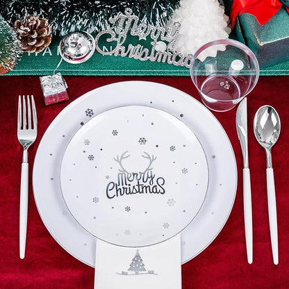 Nervure 175PCS Christmas Plastic Plates - White and Silver Disposable Plates & Silver Plastic Silverware with White Handle include 50 Plates 25Knives 25Forks 25Spoons 25Napkins for Christmas Party