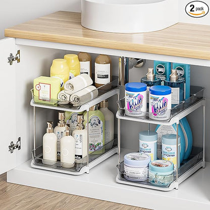 Delamu 2-Tier Multi-Purpose Bathroom Under Sink Organizers and Storage, Stackable Kitchen Pantry Organization, Pull Out Medicine Cabinet Organizer with Movable Dividers, Grey, 2 Pack
