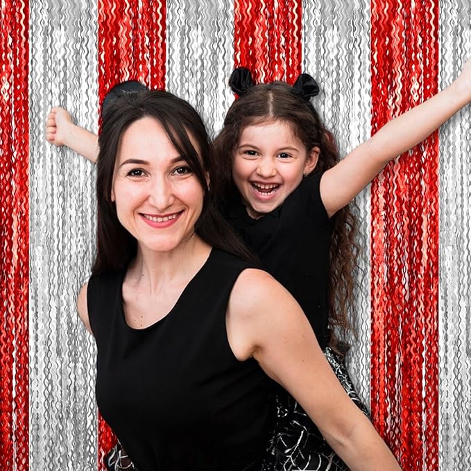 4 Pack Red Silver Fringe Curtain Backdrop 3.2Ft x 8.2Ft Metallic Tinsel Foil Fringe Streamers Background for Photo Booth Mother's Day, Easter, Carnival, Birthday, Wedding Party Decoration