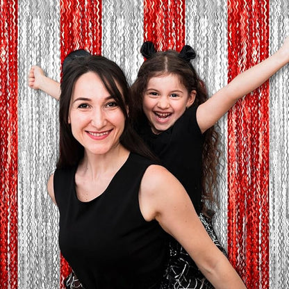 4 Pack Red Silver Fringe Curtain Backdrop 3.2Ft x 8.2Ft Metallic Tinsel Foil Fringe Streamers Background for Photo Booth Mother's Day, Easter, Carnival, Birthday, Wedding Party Decoration