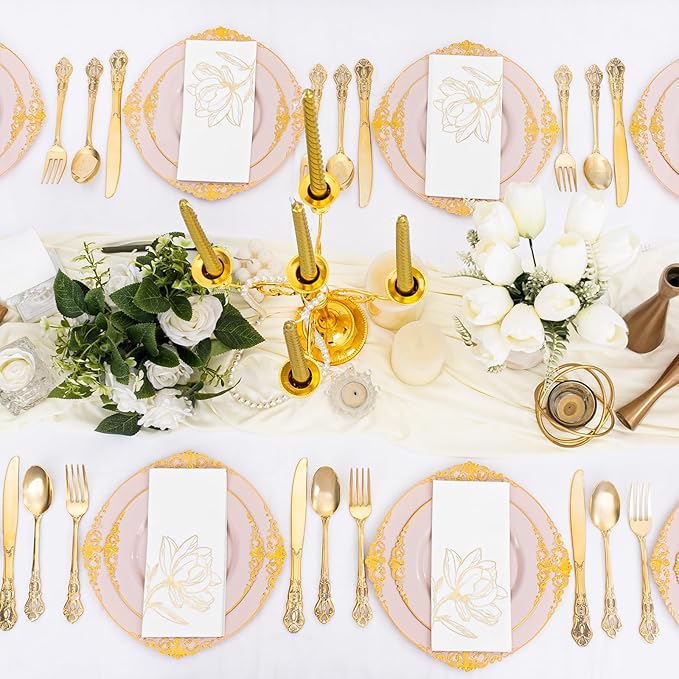 50 Pack Gold Magnolia Napkins - Gold Floral Disposable Napkins - Cloth-Like Feel Dinner Paper - Vintage Heavy Duty Hand Towels for Bathroom Wedding Holiday Party Bridal Decorative Towels