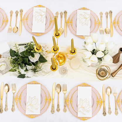 50 Pack Gold Magnolia Napkins - Gold Floral Disposable Napkins - Cloth-Like Feel Dinner Paper - Vintage Heavy Duty Hand Towels for Bathroom Wedding Holiday Party Bridal Decorative Towels