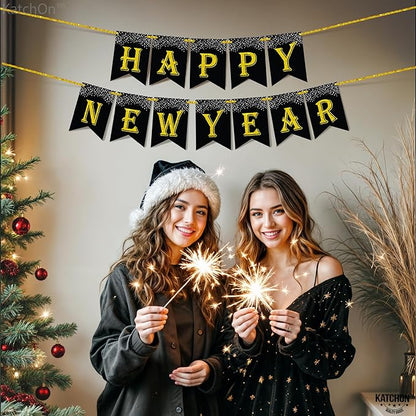 KatchOn, Black Gold Happy New Year Banner 2026-10 Feet | Happy New Year Sign, Happy New Years Decorations 2026 | NYE Banner for NYE Decorations 2026 | New Years Eve Party Supplies 2026