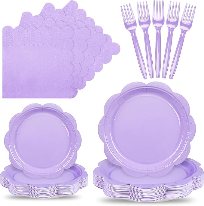 96 Pcs Purple Paper Plates and Napkins Set Party Supplies, Tableware set for 24 Guest include Disposable Purple Scalloped Plates, Napkins and Forks for Baby Shower Bridal Shower Wedding