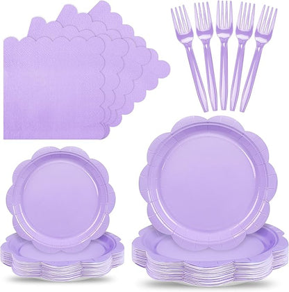 96 Pcs Purple Paper Plates and Napkins Set Party Supplies, Tableware set for 24 Guest include Disposable Purple Scalloped Plates, Napkins and Forks for Baby Shower Bridal Shower Wedding