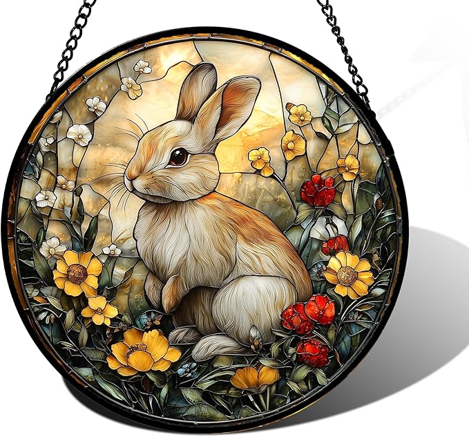 Stained Glass Window Hanging - Rabbit Flowers Suncatcher Ready to Hang Window Doors Home Decoration, Easter, Mother's Day Birthday Gifts for Women, Men, and Mom 7.8x7.8 in
