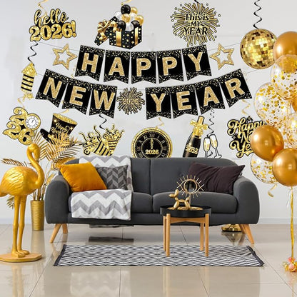 2026 New Years Decorations, Nye Year Party Decorations includes Happy New Year Banner and Hanging Swirl, NYE Party Supplies 2026 for News Years Eve Party Decor Indoor Outdoor Classroom Office