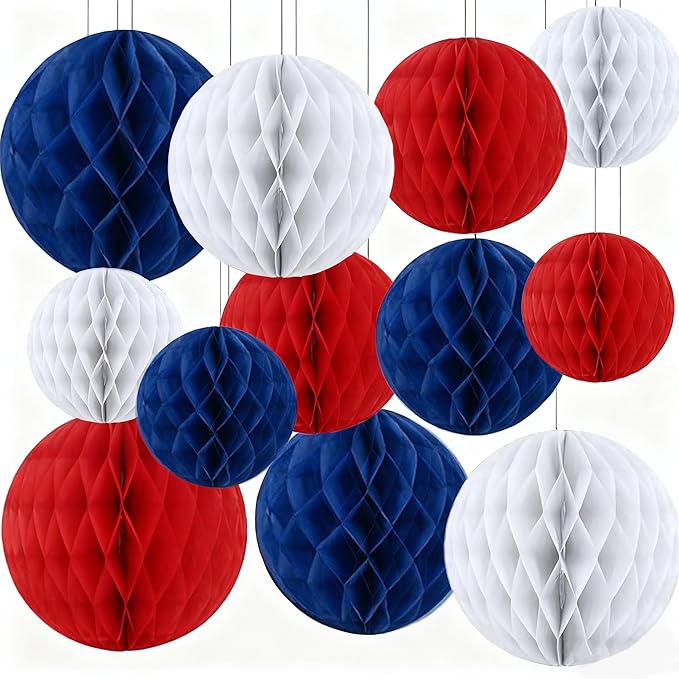 Capesaro 12pcs Red White and Blue Hanging Honeycomb for Patriotic 4th of July USA American Independence National Day Graduation Birthday Baseball Party Decorations(6" 8" 10" Blue Orange Set)