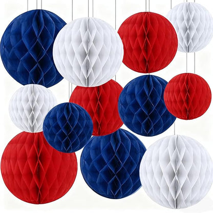 Capesaro 12pcs Red White and Blue Hanging Honeycomb for Patriotic 4th of July USA American Independence National Day Graduation Birthday Baseball Party Decorations(6" 8" 10" Blue Orange Set)