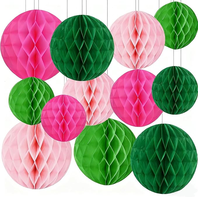 Capesaro 12pcs Pink Green Hanging Honeycomb Balls Decorations Theme Party Decor Movie Birthday Party Decorations for Kids(6" 8" 10" Pink Green Set)