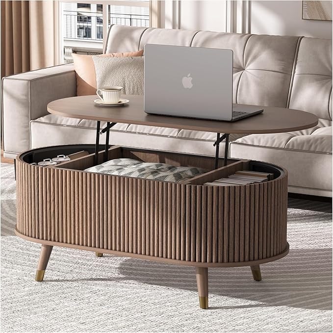 42.5" Oval Lift Top Coffee Table with Storage, Mid Century Modern Walnut Center Table with Fluted Design, Pop Up Coffee Table for Living Room,Solid Wood Legs & Hidden Compartment,