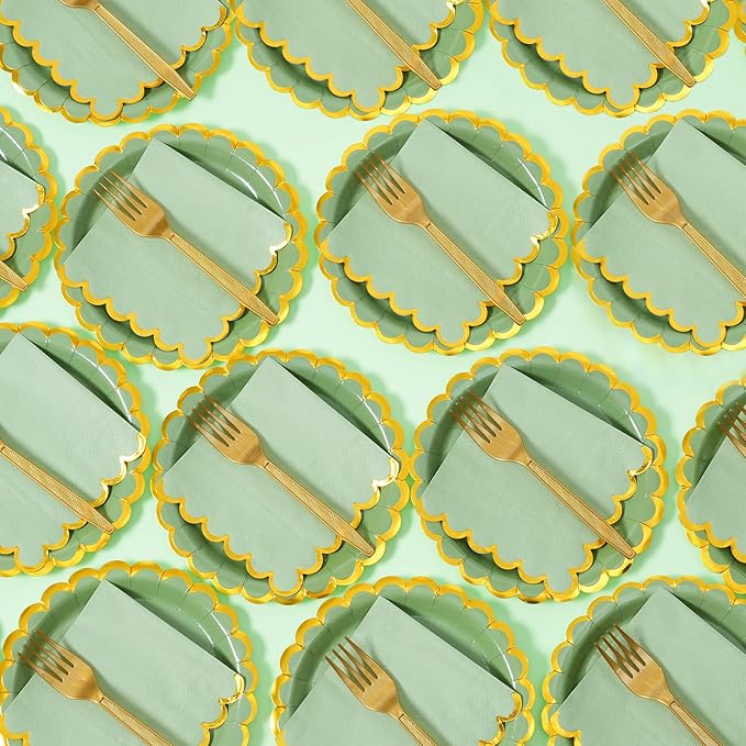 Sage green & gold scalloped party plates with napkins and fork gold foil border, 24 Guest green disposable Tableware Set Party Decoration for Birthday Coquette Bridal Baby Shower Valentines