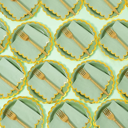 Sage green & gold scalloped party plates with napkins and fork gold foil border, 24 Guest green disposable Tableware Set Party Decoration for Birthday Coquette Bridal Baby Shower Valentines