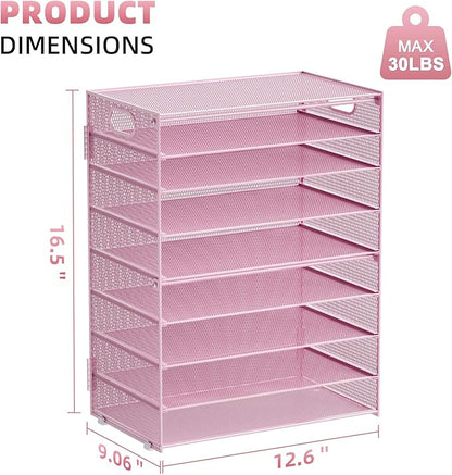 Marbrasse Paper Organizer Letter Tray, 9 Tier Mesh File Organizer with Handle, Paper Sorter Desk Organizer for Home Office Supplies - Pink