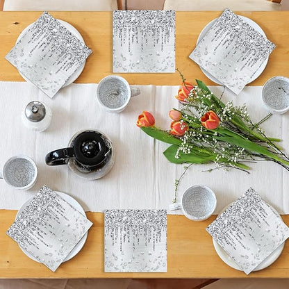 100PCS Silver Party Paper Napkins Happy Birthday Supplies Glitter Decorations Silver Diamond Theme Disposable Paper Lunch Napkins for Adults Kids Birthday Wedding Bridal Shower Favors