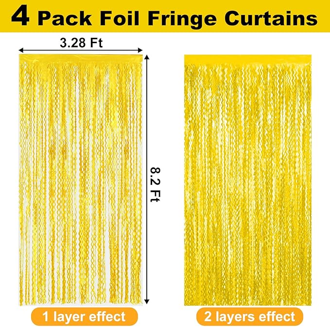 4 Pack Macaron Yellow Fringe Curtain Backdrop 3.2Ft x 8.2Ft Metallic Tinsel Foil Fringe Streamers Background for Photo Booth Mother's Day, Easter, Carnival, Birthday, Wedding Party Decoration