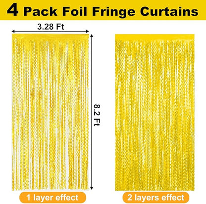 4 Pack Macaron Yellow Fringe Curtain Backdrop 3.2Ft x 8.2Ft Metallic Tinsel Foil Fringe Streamers Background for Photo Booth Mother's Day, Easter, Carnival, Birthday, Wedding Party Decoration