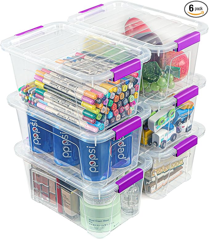 Clear Storage Bins with Lids 6 Pack, 7 Qt Stackable Storage Containers with Buckle Lock, Durable Plastic Containers & Storage Box Organizer for Pantry, Bathroom, Closet & Office Use