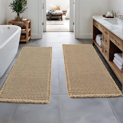 MIULEE Set of 2 Waffle Bathroom Runner Rugs, Boho Bath Rugs Non Slip Washable, Super Absorbent Runner Bath Mats, Rubber Backed Shower Mats for Hallway Bedroom Laundry Room, Brown, 2'x6'(24x72 Inch)