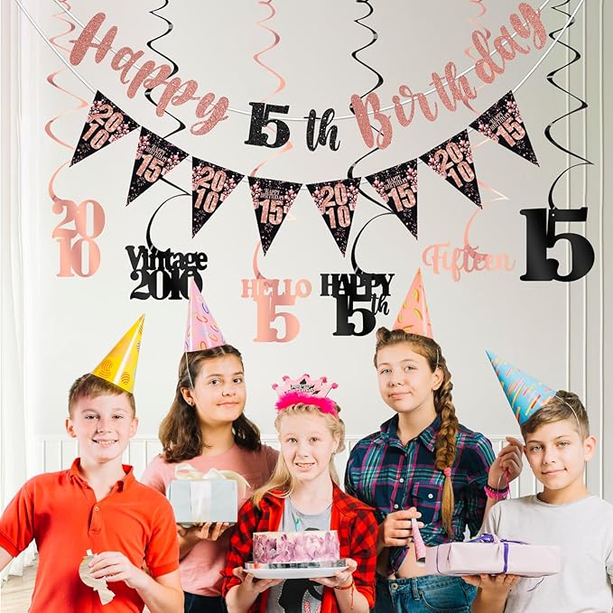 15th Birthday Decorations for Girls, Black Rose Gold Happy 15th Birthday Banner Hanging Swirls Vintage 2010 Birthday Decorations Kit Hello 15 Party Supplies