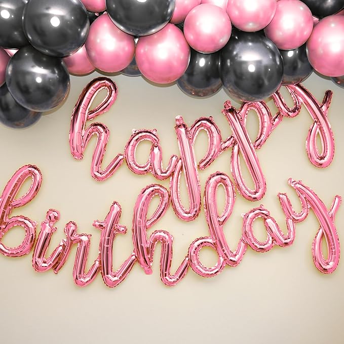 Rose Gold Happy Birthday Balloons Banner | Script/Cursive Rose Gold Letter Balloon Sign For Birthday Party Decor/Decoration | Foil Mylar Happy Birthday Banner