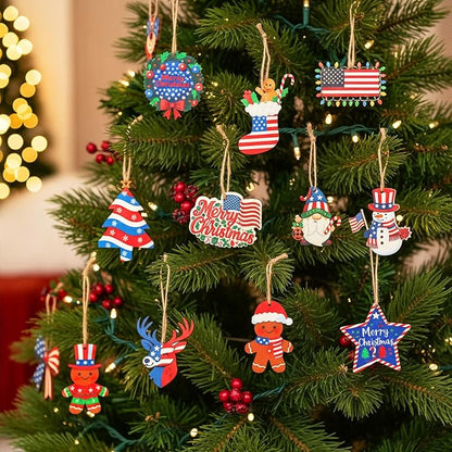 36 Pcs Patriotic Christmas Tree Ornaments Wood Red White Blue Christmas Ornament Hanging America Flag Santa Gnome Decorations for Xmas Tree Home Decoration Gifts