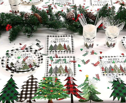 Christmas Plates Disposable Party Set with Plates and Napkins, Cups, Tablecloth Kit Serves 24 Guests, Christmas Tree Pattern Disposable Dinnerware Set for Xmas Holiday Party Disposable Supplie