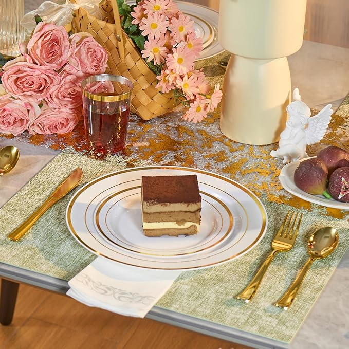 175 Pcs Gold Disposable Plates for 25 Guests, Disposable Plastic Plates, Dinnerware Set Include 25 Dinner Plates, 25 Salad Plates,25 Cups, 25 Paper Napkins for Party, Wedding, Thanksgiving