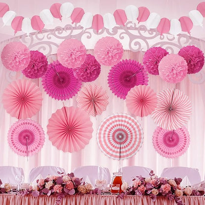 Party Decorations, Pink Papar Fans Pompoms Garlands for Women Girls Mothers Day Bachelorette Wedding Birthday Baby Showers Valentine's Day Party Decorations