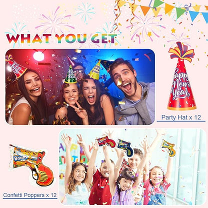 2026 New Years Eve Party Supplies Kit - 102 Pieces Colorful New Years Party Favors Set with Headbands, Hats, Photo Props, Noise Makers, Confetti & More for Happy New Year Decorations