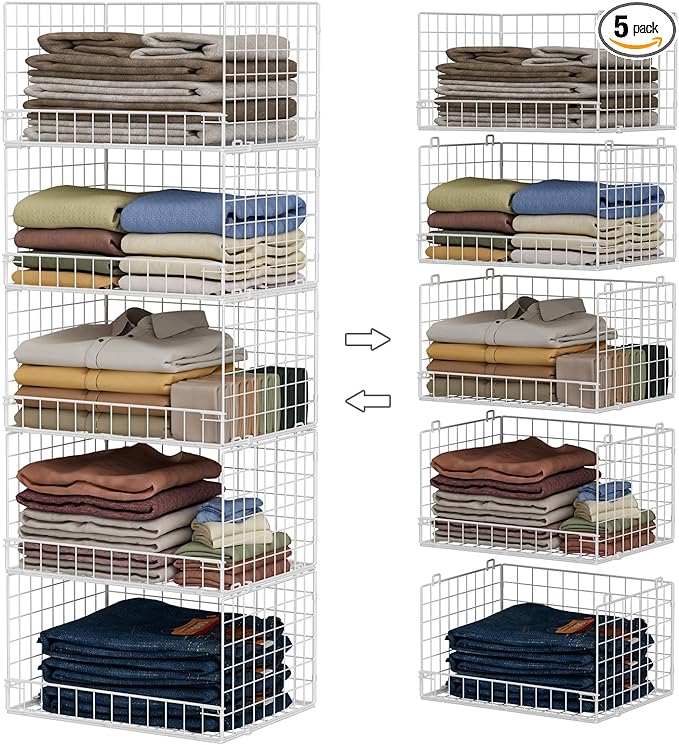5-Tier Stackable Closet Organizers and Storage Basket - Foldable Closet Shelf Organizer System, Space-Saving Clothes Storage Bins Drawer Organizer for Wardrobe, White (Patent Pending)