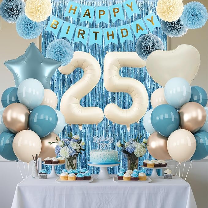 Dusty Blue 25th Birthday Party Decorations for Her Him Beige Cream Number 25 Balloon with Blue Gold Happy Birthday Banner Fringe Curtain Paper Pom Poms Nude White Sand Champagne Star Foil Balloons