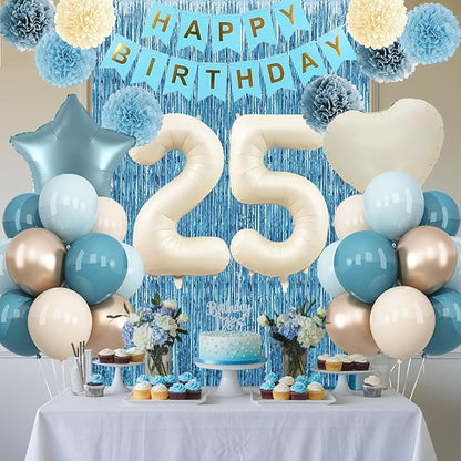 Dusty Blue 25th Birthday Party Decorations for Her Him Beige Cream Number 25 Balloon with Blue Gold Happy Birthday Banner Fringe Curtain Paper Pom Poms Nude White Sand Champagne Star Foil Balloons
