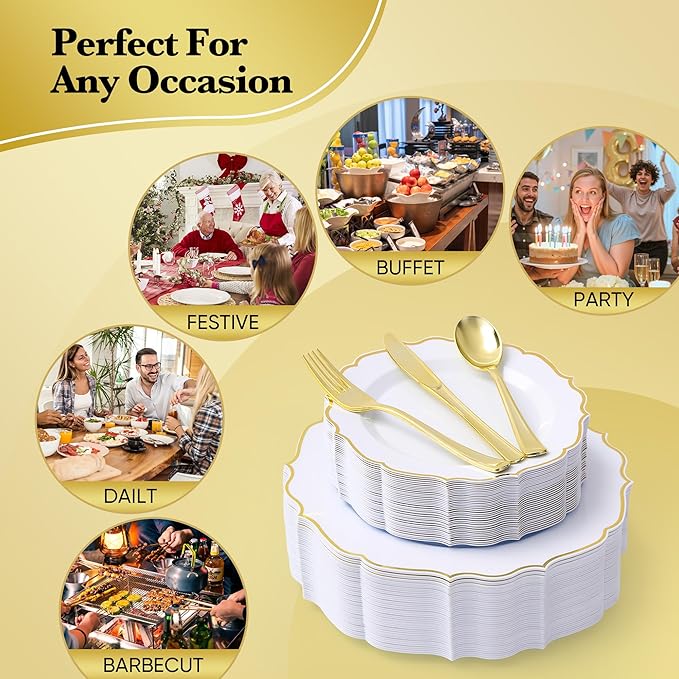 350 PCS Gold Disposable Plates, Scalloped Dinnerware Set for 50 Guests, 100 Plastic Plates, 150 Silverware, 50 Cups & 50 Paper Napkins, Gold