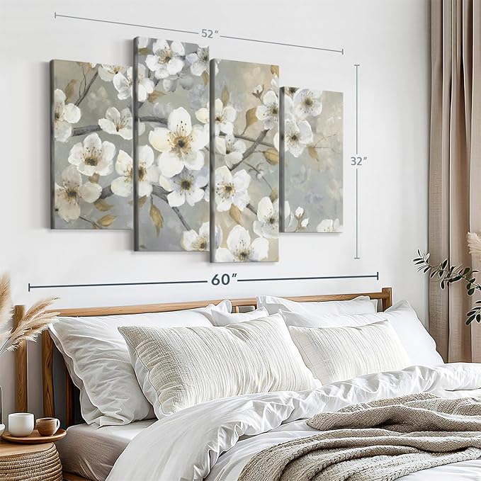 Elephant Stock Golden Garden Wall Art - Horizontal Canvas - 4-Piece Living Room Wall Decor - Leaves Painting Canvas Print - Gray and Beige Decor for Wall by Nan - 52" X 32"