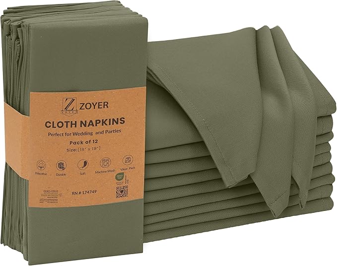 Zoyer Cloth Napkins Set of 12, 18x18 Inches Cotton Enrich Napkins Cloth ‎Washable, Soft & Durable Dinner Napkins for Parties, Wedding, Christmas, ‎Thanksgiving & Everyday Use - Martini Olive