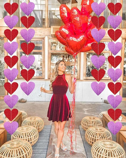 6 Pack Pre-Strung Glitter Heart Galand Banners,Valentines Day Red Pink Heart Hanging String Garland - Valentines Day Decor,Valentines Day Decorations for Valentines Day Wedding Engagement Decorations