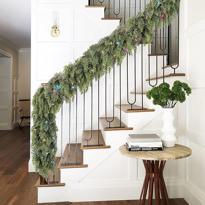 Cedar Christmas Garland with Lights for Mantle - 2 Pack Decorations 9ft Realistic Lighted Faux Pine Garlands for Xmas Home Decoration Indoor Stairs Railing Fireplace Outdoor Prelit Garland Door Decor