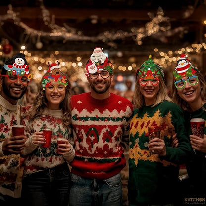 KatchOn, 12 Pcs Christmas Glasses and Hat Set | Christmas Photo Booth Props | Snowman Reindeer Headband and Holiday Eyeglasses | Christmas Decorations Indoor