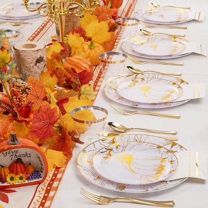 Liacere 175PCS Thanksgiving Plates- Gold Pumpkin Plastic Plates-Thanksgiving Plastic Plates and Napkins Sets Include 50 Plastic Plates,75 Thanksgiving Dinnerware，25 Gold Cups 25 Napkin